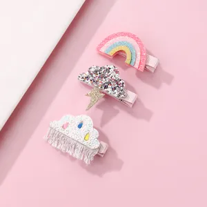 Set de barrettes enfant avec arc-en-ciel pailleté, nuage éclair et nuage blanc à pompon