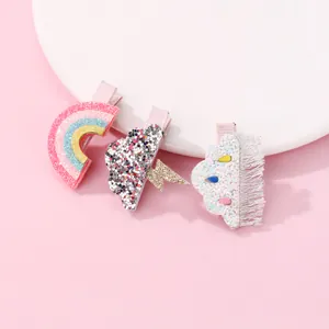 Lot de 3 jolies barrettes pour enfants avec arc-en-ciel à paillettes et nuages