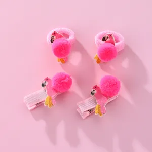 Set de pinzas y gomas para el pelo de flamenco rosa con pompones brillantes