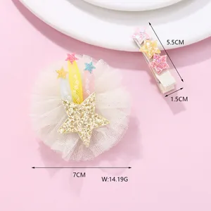 Close-up of sweet mesh flower and sequin star hair clips for girls showing size details