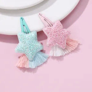 Handmade Sweet Kids Star Sequin Hair Clip With Colorful Tassel Glitter BB Clip Girls Fresh Hair Accessories
