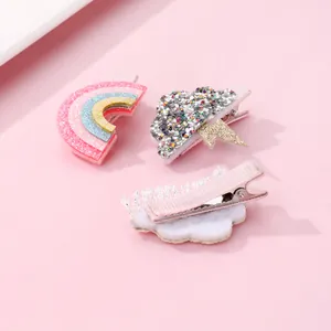 Lot de barrettes arc-en-ciel et nuage pailleté avec pinces crocodiles en ruban rose doux