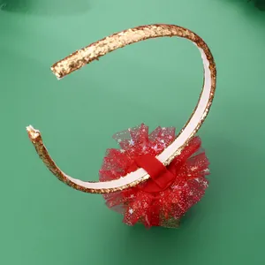 Detail of sequined gold headband with red mesh fabric and anti-slip inner lining