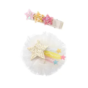 Sweet hair clip set for girls with tulle mesh flower and colorful sequin star details