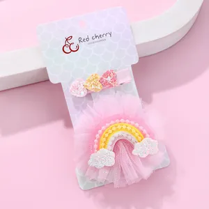 Sweet Kids Rainbow Heart Mesh Lace Hair Clip Set Pink Glitter Cloud Artificial Pearl Hair Accessories For Girls Daily Party Gift