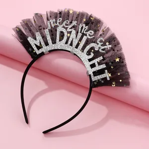 Detailed view of black mesh headband with silver Meet Me at Midnight glitter text