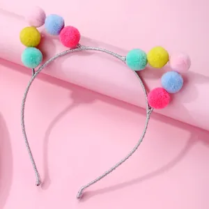 Cute Cat Ear Headband With Colorful Pom-Poms Glitter Wrapped Hair Hoop For Children Girls Birthday Party Hair Accessories