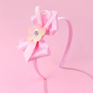 Kids Sweet Pink Satin Bow Headband With Sequin Flower And Rhinestone Anti-Slip Hair Band For Girls Birthday Party Gift