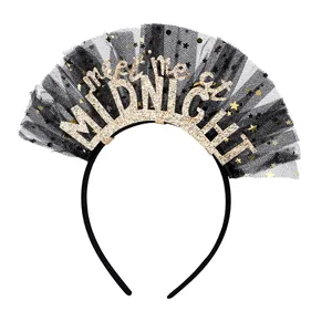 Black mesh Halloween headband with golden Meet Me at Midnight glitter text and sequins