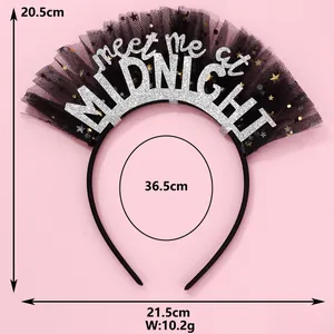 Midnight themed black mesh party headband with glitter lettering and specific dimensions