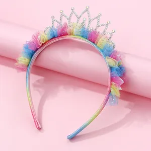 Children Rainbow Tulle Mesh Headband With Rhinestone Crown Lace Bow Princess Party Hair Accessories For Girls