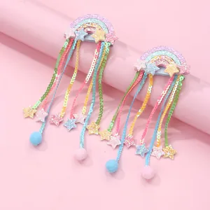 Kids Sweet Rainbow Sequin Tassel Hair Clips Star Pom Pom Tassel Duckbill Clip For Girls Cute Hair Accessories Hairpins