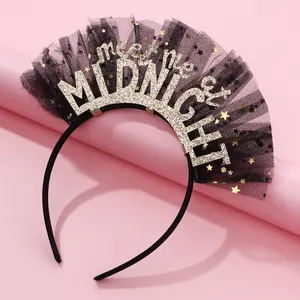 Midnight party headband with black mesh, gold stars and Meet Me At Midnight glitter text