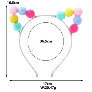 Glitter cat ear headband with colorful faux fur pom-poms showing size and weight details