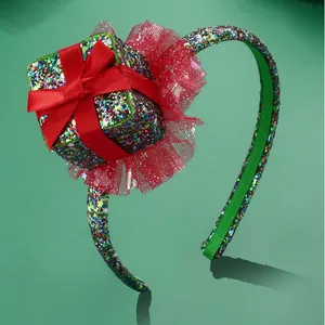 Sparkling green Christmas headband with red sequin gift box and lace mesh decoration