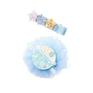 Set di fermagli per capelli blu cielo stellato con pizzo in tulle e stelle glitterate per bimba