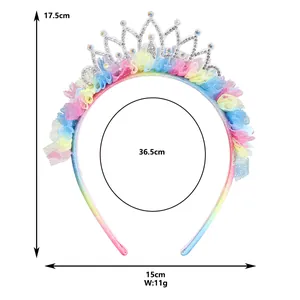 Rainbow tulle princess crown headband for girls with sparkling rhinestones and dimensions