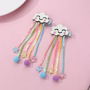 Barrettes nuage arc-en-ciel avec paillettes scintillantes et pompons colorés pour filles