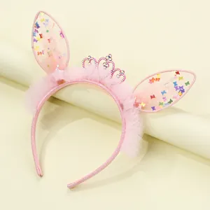 Kids Sweet Pink Sequin Bunny Ear Mesh Lace Headband With Rhinestone Crown Princess Hair Accessories For Girls Birthday Party