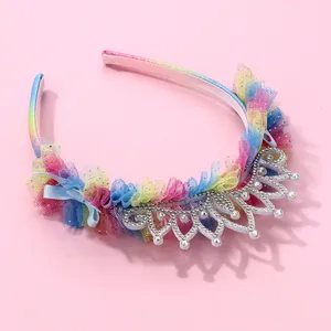 Rainbow crown headband for girls featuring colorful mesh tulle and sparkly silver tiara