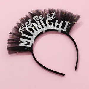 Black mesh Halloween headband with silver glitter meet me at MIDNIGHT text and sequins