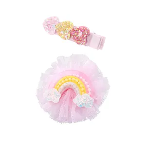 Pink sweet mesh lace hair clips set with rainbow beads and glitter hearts for girls