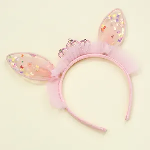 Pink rabbit ear headband for kids with glitter sequins and small rhinestone crown accessory
