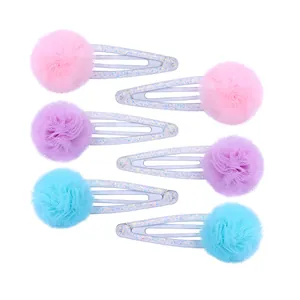 Lot de 6 pinces à cheveux à pompons en tulle et paillettes pour enfants en rose et bleu