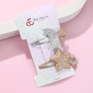 Lot de barrettes pailletées étoile et lune avec pompons colorés pour filles