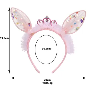 Pink sequin rabbit ears headband with crown and mesh detail for kids party wear
