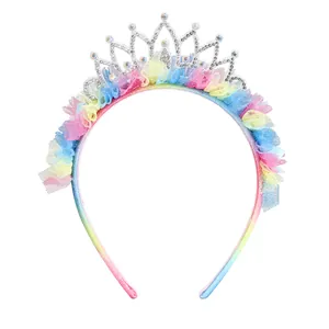 Rainbow tulle princess crown headband with glittering rhinestones for girls hair accessories