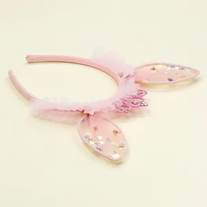 Pink rabbit ear headband with sequins and crown letters for girls and kids
