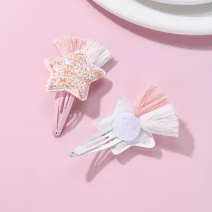 Sweet pink star hair clips with tassels and metal BB clips for girls hair styling