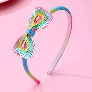 Rainbow Gradient Sequin Bow Headband For Kids Girls Non Slip Sweet Glitter Hair Band Princess Hair Accessories Headwear