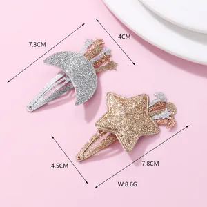 Tableau des tailles pour barrettes à paillettes étoile et lune sur fond rose doux