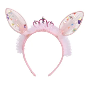 Pink glitter headband with sequin bunny ears, lace details and a crystal crown for girls