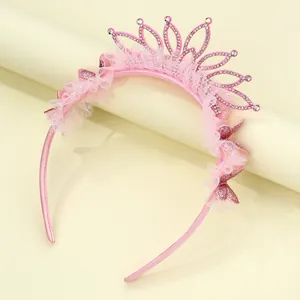 Süße Kinder Rosa Krone Stirnband Mit Funkelnden Strass Netz Spitze Schmetterling Prinzessin Haarschmuck Für Mädchen Party Schmuck