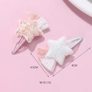 Star-shaped sequin hair clips with long tassels and BB clips for girls, 8cm length