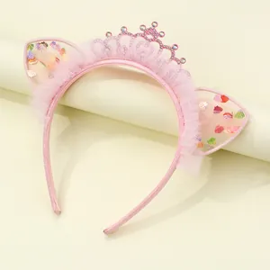 Cerchietto Rosa Per Bambini Dolce E Carino Con Orecchie Di Gatto In Rete E Corona Di Paillettes Strass Per Capelli Da Principessa