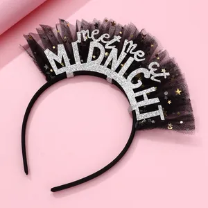 Close-up of black mesh headband with silver Meet Me At Midnight glitter lettering
