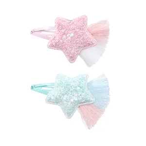 Sweet star hair clips with glitter texture and colorful tassels for girls, pair set