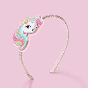 Diadema de Unicornio Bordado con Purpurina para Niños Dibujos Animados Rosa Oro Tela Banda para el Cabello Antideslizante para Niñas