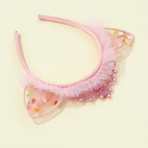 Cerchietto orecchie da gatto rosa con pizzo, paillettes e corona di diamanti per bambine