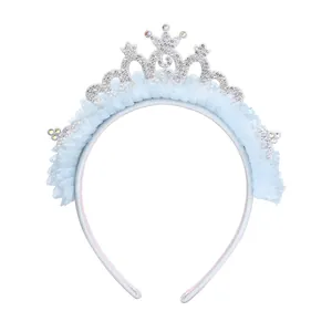 Cerchietto corona da principessa azzurro per bambine con tulle e strass lucidi