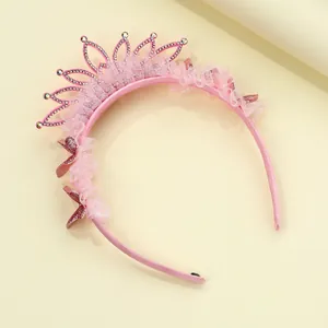 Rosa Prinzessin Krone Haarband mit Spitze und Pailletten-Schmetterling für Kinder