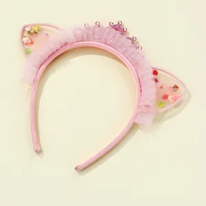 Cerchietto orecchie da gatto rosa per bambine con corona e tulle scintillante