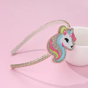 Diadema dorada de lentejuelas para niñas con bordado de unicornio y dientes antideslizantes