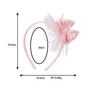 Cerchietto rosa per bambine con fiocco di raso, pizzo e dimensioni di 15,5x14,3 cm