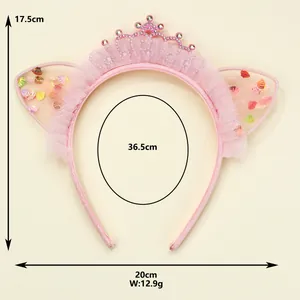 Cerchietto principessa rosa per bambine con corona strass e orecchie di gatto