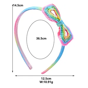 Rainbow sequin bow headband for girls with non-slip design and dimension measurements